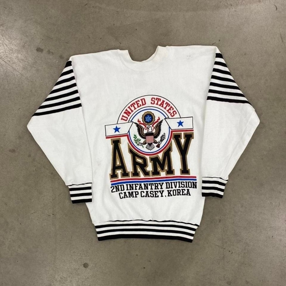 Vintage US Army Infantry Camp Casey, Korea Jostens 90s Striped Sweatshirt Size M